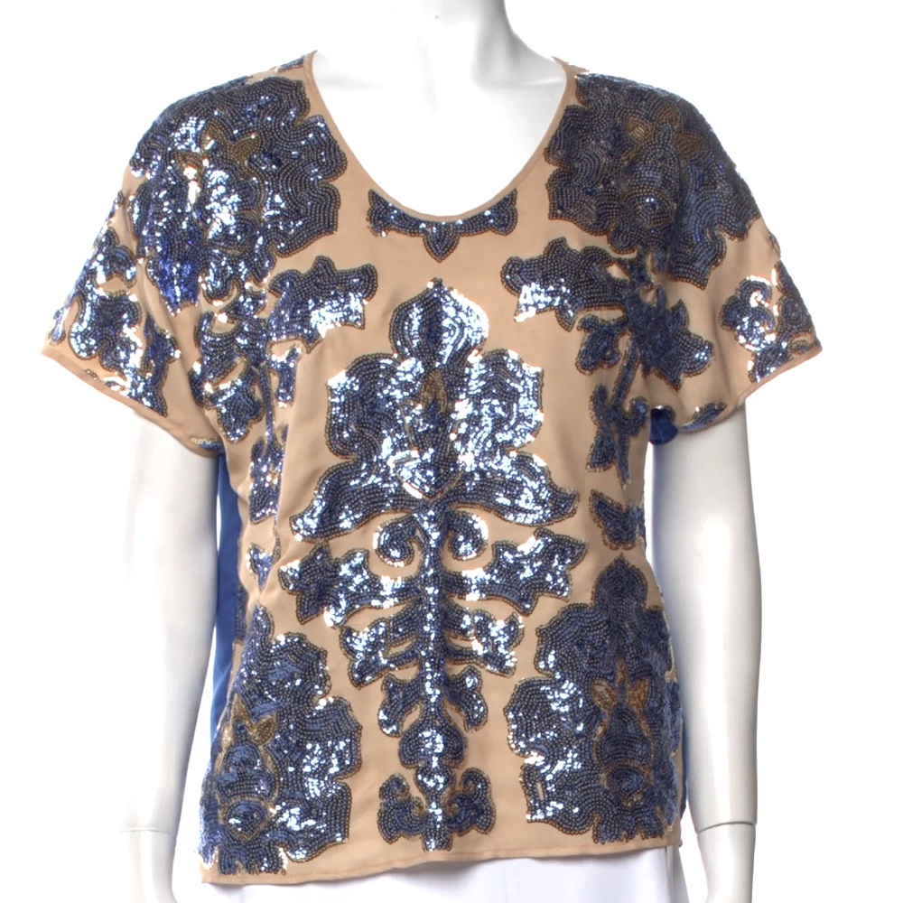 Tracy Reese Neiman Marcus Blue Sequin Blouse Bling Top Shirt Vintage Look